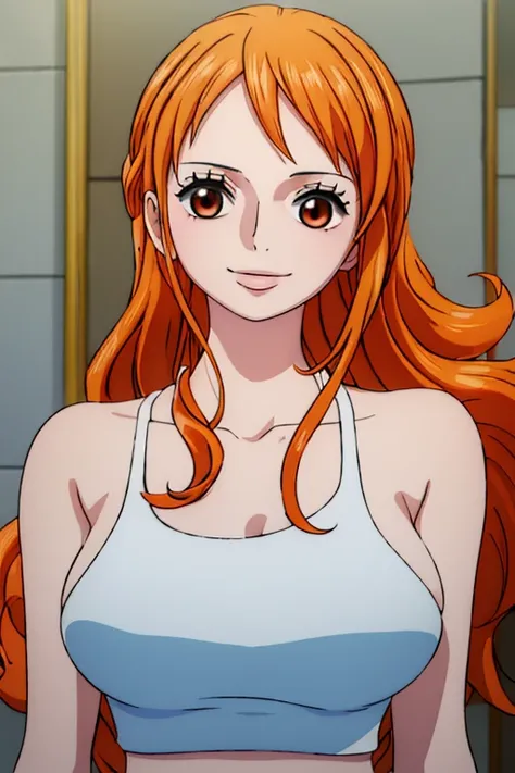 (((masterpiece))), (((best quality))), ((ultra-detailed)), (highly detailed CG illustration), Nami, (nsfw:1.2), (masterpiece:1.5), Detailed Photo, Smiling, Sexy, (Best Quality: 1.4), (1girl), Beautiful Face, (Orange Hair, long Hair: 1.3), Beautiful Hairsty...