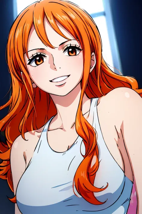 (((masterpiece))), (((best quality))), ((ultra-detailed)), (highly detailed CG illustration), Nami, (nsfw:1.2), (masterpiece:1.5), Detailed Photo, Smiling, Sexy, (Best Quality: 1.4), (1girl), Beautiful Face, (Orange Hair, long Hair: 1.3), Beautiful Hairsty...