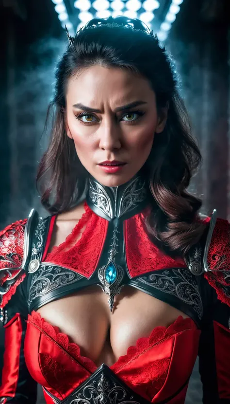 photo, portrait, intimidating Woman [a cursed prince], [scifi:fantasy:0.6] cinematic Lighting, red dress