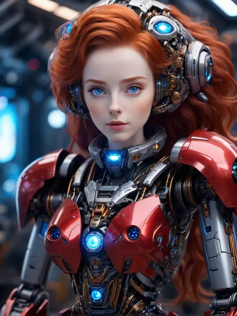 full_body, red head 1woman [ELizabeth II:Maude Adams:0.45], detailed face, mecha, glowing blue eyes, cute, biomechanical, complex robot, interior spaceship background in bokeh, shallow depth of field, hyper realistic, hyper detailed, intricate, insane fine...