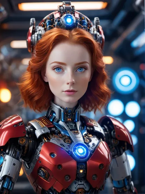 full_body, red head 1woman [ELizabeth II:Maude Adams:0.45], detailed face, mecha, glowing blue eyes, cute, biomechanical, complex robot, interior spaceship background in bokeh, shallow depth of field, hyper realistic, hyper detailed, intricate, insane fine...