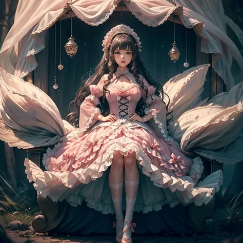 best quality, delicate face，beautiful visual work,lifelike，1 girl, eternal, black hair, Long curly hair, blunt bangs, Smile, pink skirt, pink lolita dress, layered skirt, Lolita style long skirt,分層連衣裙 lace-trimmed 裙子, decorate, lace, long sleeve, puff slee...