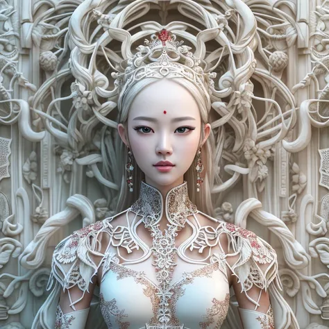 Character sheet, ultra-detailed complex 3d rendering with porcelain profile of Vietnamese character, maximalist beautiful studio soft light, rim lighting, vibrant details, lace, hyper-realistic, hand, facial muscles, electric wires, microchip, elegant, bea...