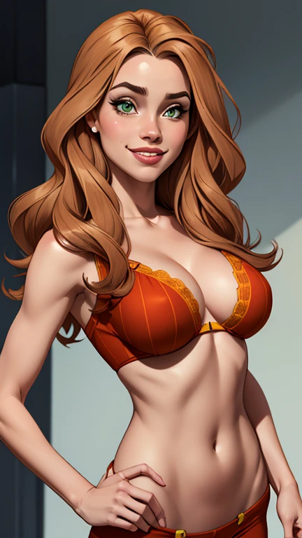 (estilo de desenho animado:1.2), Desenhos de (Hermione granger), Sorriso, olhos verdes perfeitos, rosto detalhado, fundo branco, pose divertida, olhar sedutor,Corpo inteiro usando o uniforme de sanserina, medium beautiful breasts and wonderful body Cartoon...