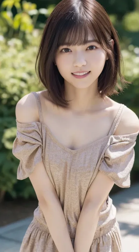 (highest quality,masterpiece:1.3,ultra high resolution),(Super detailed,caustics,In 8K),(realistic:1.4,RAW shooting),(Self snap:1.1),street,24-years-old,cute,Japanese,natural brown short bob,best smile,big ,off shoulder tops,bust up shot,Natural light