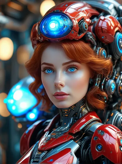 full_body, red head 1woman [ELizabeth II:Maude Adams:0.45], detailed face, mecha, glowing blue eyes, cute, biomechanical, complex robot, interior spaceship background in bokeh, shallow depth of field, hyper realistic, hyper detailed, intricate, insane fine...