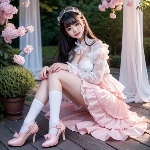 best quality, delicate face，beautiful visual work,lifelike，1 girl, eternal, black hair, Long curly hair, blunt bangs, Smile, pink skirt, pink lolita dress, layered skirt, Lolita style long skirt,分層連衣裙 lace-trimmed 裙子, decorate, lace, long sleeve, puff slee...