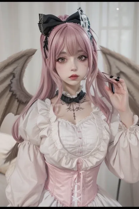 Araffe dressed in a corset and a pink wig with horns., y 2 k cutecore clowncore, Goth pastel aesthetic, hada, Goth pastel, beautiful together, chica demonio, together | medieval, portrait of chica demonio, mika kurai demonio, together, personaje animado; a...