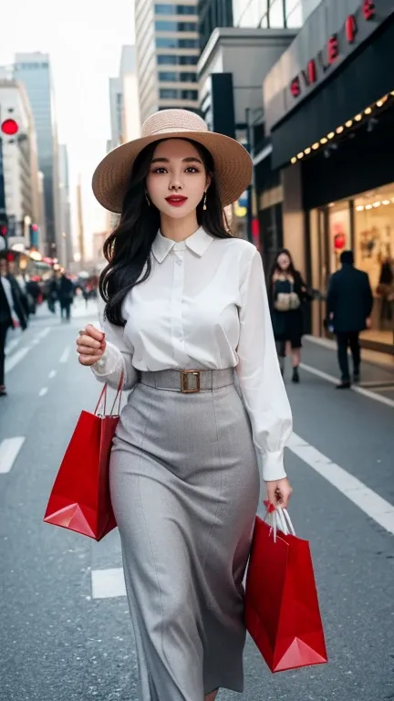 A woman happily walking down the street、Many shopping bags、shopping addict、shopping addiction、big hat、red lip、Light gray long sleeve dress、gorgeous decoration、western cityscape、A man in a suit on the background、Averted gaze