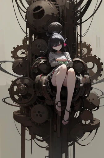 ((cyberpunk girl)),((Sitting on a big gear)), scribble, nightmare, doll-like face, cartoon style, rough sketch, Horror elements, (masterpiece), (High resolution), (super delicate), (clear), Comic style illustration、 Japanese painting, full body、 (snap shot...