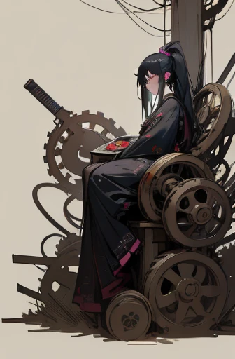 ((cyberpunk girl)),((Sitting on a big gear)), scribble, nightmare, doll-like face, cartoon style, rough sketch, Horror elements, (masterpiece), (High resolution), (super delicate), (clear), Comic style illustration、 Japanese painting, full body、 (snap shot...