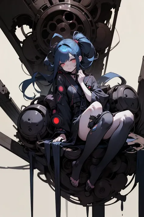 ((cyberpunk girl)),((Sitting on a large piece of gear)), scribble, nightmare, doll-like face, cartoon style, rough sketch, Horror elements, (masterpiece), (High resolution), (super delicate), (clear), Comic style illustration、 Japanese painting, full body、...