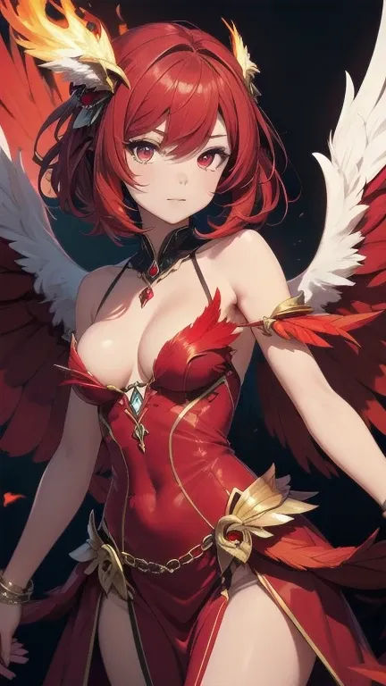 1girl, (masterpiece), best quality, expressive eyes, perfect face, anime, anime girl, red hair, wings, falvie, ((red feathered wings)), ((red feather dress)), ((harpy girl)), artwork of a phoenix, feathery red hair, detailed feathers, fiery bird, fiery sco...