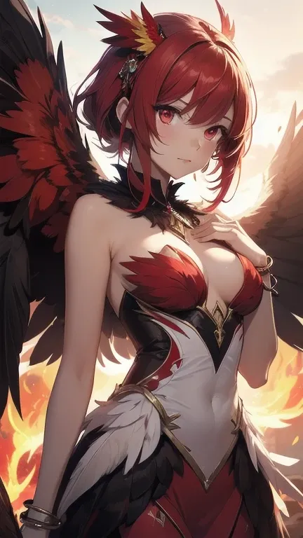 1girl, (masterpiece), best quality, expressive eyes, perfect face, anime, anime girl, red hair, wings, falvie, ((red feathered wings)), ((red feather dress)), ((harpy girl)), artwork of a phoenix, feathery red hair, detailed feathers, fiery bird, fiery sco...