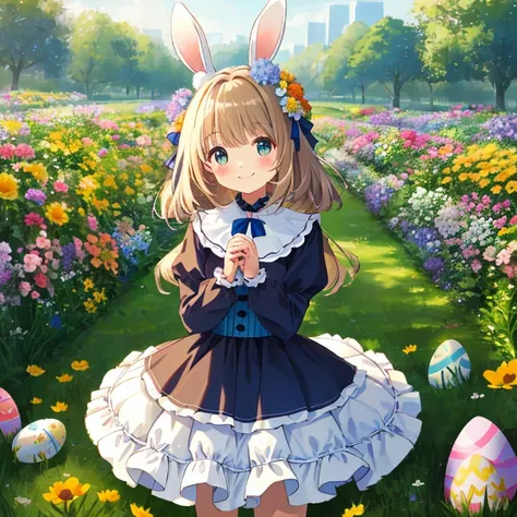 highest quality、8k、cute、Rabbit, easter egg、cute girl、big eggs、flower garden, smile, Grass, flowers, and good lighting