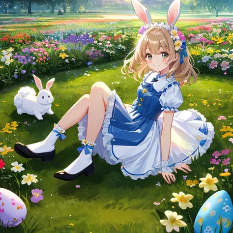 highest quality、8K、cute、Rabbit, easter egg、cute girl、big eggs、flower garden, smile, Grass, flowers, and good lighting at night