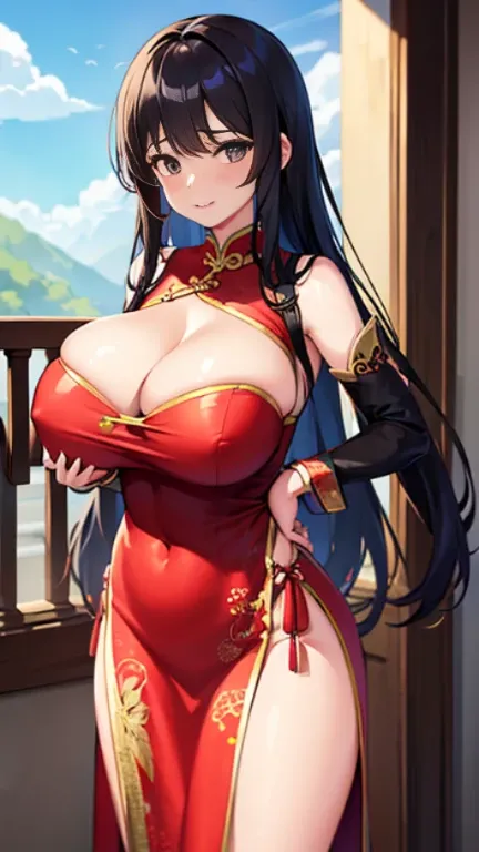 1girls, huge breast, chinese dress, revealing clothes, pelvic curtain, bare hips, qipao dress