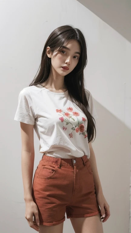 light red thin flower pattern T-shirt , Short pants , big breast , long hair