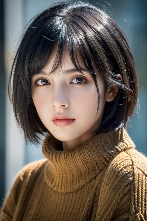 (masterpiece:1.3), (8K, realistic, Raw photo, highest quality: 1.4), (1 girl), beautiful face, (realistic face), (black hair, short hair:1.3), beautiful hairstyle, realistic eyes, detailed and beautiful eyes, (realistic skin), beautiful skin, (sweater), di...