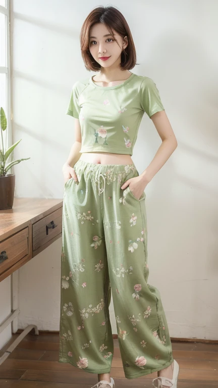 light green thin flower pattern T-shirt , long pants , medium breast