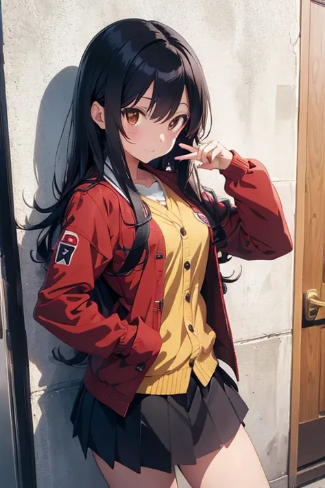 anime girl pointing at something, anime style flat shading, long straight black hair, brown eyes, anime pose, anime moe art style, with index finger, red jacket with lapels and yellow buttons, white plank miniskirt, door background a school and wall