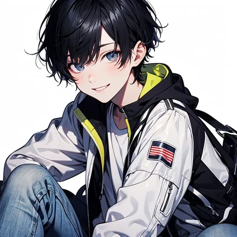 High quality, amount of drawing, pixiv illustration, PVC Jacket, aurora jacket, Beautiful young man, Black hair, Short hair, aurora fabric, hologram article,aurora seat jacket, White undershirt, light gray jeans, Decisive Pose, White background, A refreshi...