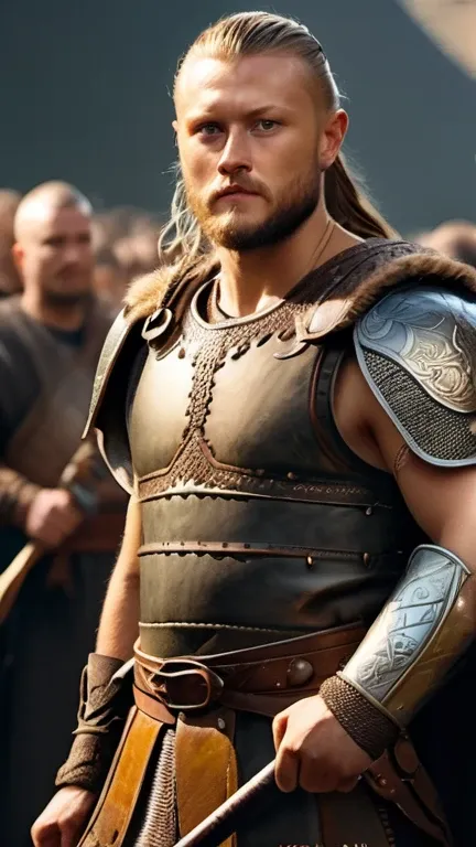 Illustrate the sons of Ragnar lothbrok standing together, wearing viking armor and holding weapons, ready to fight, heading for King Aellas fortress, crowd cheering for them , detailed face, detailed face expressions, natural face expressions, face in deta...