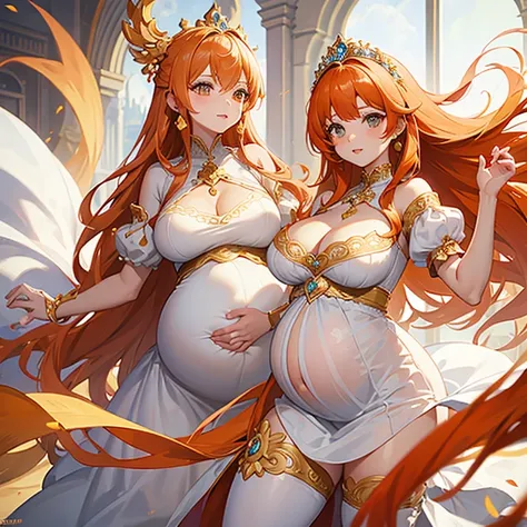 Beautiful Pregnant princess, orange hair, white off the shoulder dress, ornate white leggings, cleavage, tight waist, flipping her hair 