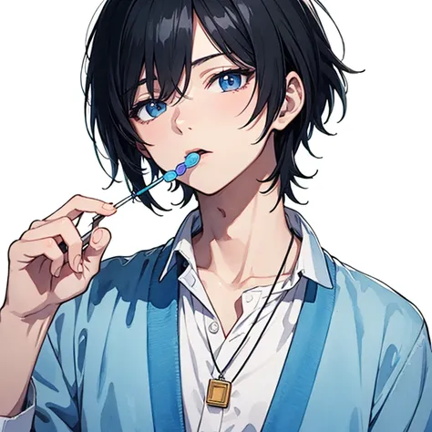 Japanese anime, clear line drawing, transparent watercolor, clear shading, beautiful young man, short black hair, blue lollipop in the mouth, blue tongue, gaze looking at the camera, blue open collar shirt, relaxed pose, hand holding lollipop stick, visibl...