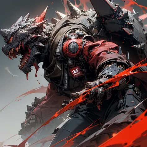 Red mechanical Godzilla using atomic breath ((high quality 8k)) masterspice, highly detailed,