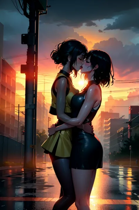 (masterpiece:1.4),(volumetric lighting:1.3), (2girls, yuri), tongue kiss, short tight  dress,sleeveless, outdoors, cityscape,road, heavy rain,storm, dusk,dawn, twilight,sunset, full body, soaking wet, sensual body, closed eyes, (silhouette:1.2), wet ground...