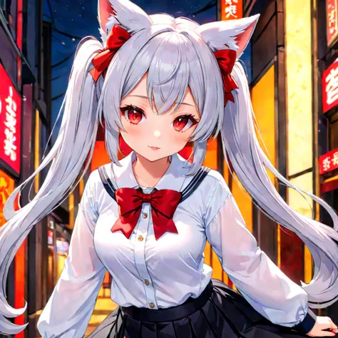 A neko woman with grey hair in a virtual YouTuber style is the centerpiece of this artwork. Her hairstyle features long hair with twintails and bangs, with a section of hair falling between her eyes. She has adorable animal ears, specifically fox ears, whi...