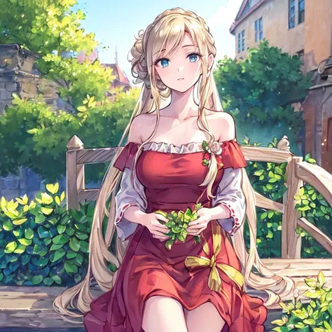 (best quality,ultra-detailed,photorealistic:1.37)alone,adult girl,A girl in a red and silver dress,Long flowing blondes hair tied up,green eye,blue eyes,Off-shoulder,long hair,long eyelashes,sparkling dress texture,detailed lips,flowers in the background,s...