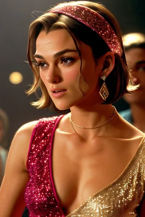 Keira Knightley, a close up of a person sitting in a room, ((18yo.)), ((late teen:1.4)) inspired by Winona Nelson, high fidelity face, (Keira Knightley:1.3) tall toyng woman dancing in a night club, wearing sparkling glittery sequin loose top,(scene from a...