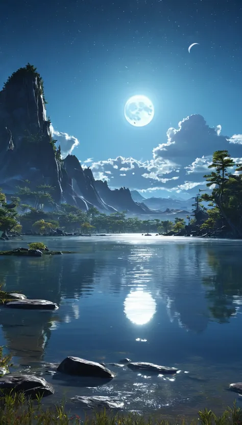 Lake Yamawa，There is a moon in the sky, 4k highly detailed digital art, 4k HD wallpapers are very detailed, Impressive fantasy scenery, Sci-fi fantasy desktop wallpaper, Unreal engine 4k wallpaper, 4k detailed digital art, Sci-Fi Fantasy Wallpaper, Epic fa...