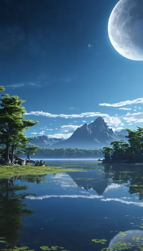 Lake Yamawa，There is a moon in the sky, 4k highly detailed digital art, 4k HD wallpapers are very detailed, Impressive fantasy scenery, Sci-fi fantasy desktop wallpaper, Unreal engine 4k wallpaper, 4k detailed digital art, Sci-Fi Fantasy Wallpaper, Epic fa...