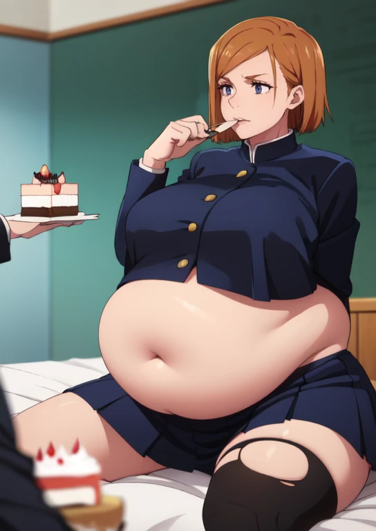 (masterpiece, best quality), 1girls, big belly, blurry background, huge belly, art by kipteitei, round belly, chubby, curvy, short cut hair, brown hair, ripped shirt, skirt, thighhighs, simple_background, gradient_background, belly bursting out of (((black...