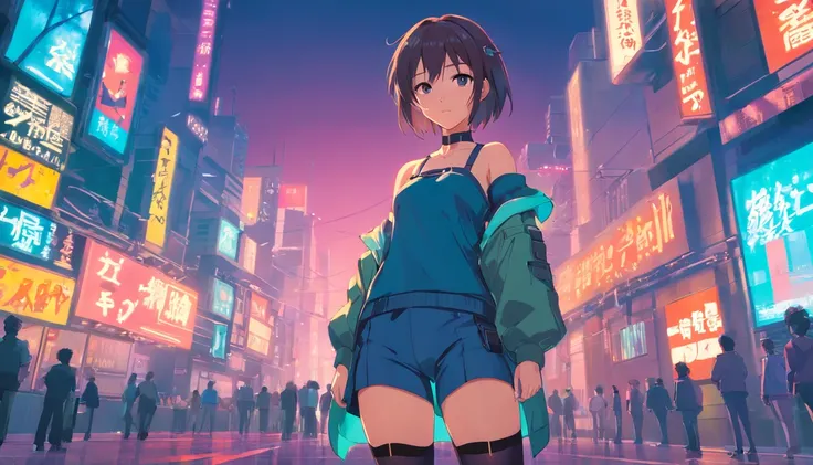 1girl, cyberpunk, (full body:1.1), thighhighs, cleavage, perfect eyes, perfect face, kuvshinov, (gradient background:1.2),