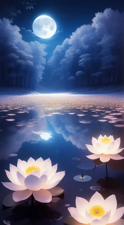 (((night)))，(((huge moon)))，Moonlight is reflected on the surface of the water，lotus，Huge pond，Vision，vast world，inverted image，water pattern