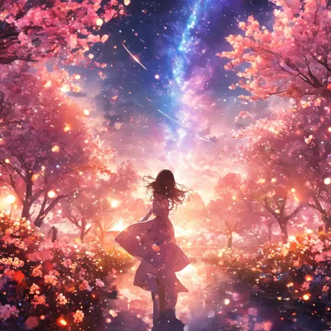 masterpiece, concept art, panorama, in the center, figure, wide shot, flower garden, night, (Meteors), Space galaxy background, (magnificent composition, epic proportions), dynamic lighting, Bright colors, cherry blossoms,1 girl,ephemeral