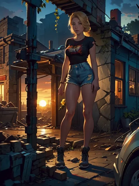 2076 year. The Urban Ruins of the Wasteland, Female huntress picking fruit in the garden, beautiful face, blonde, badly torn shirt and denim shorts ,  long legs, sweating through, sun rising, Nice warm colors, head to toe full body shot