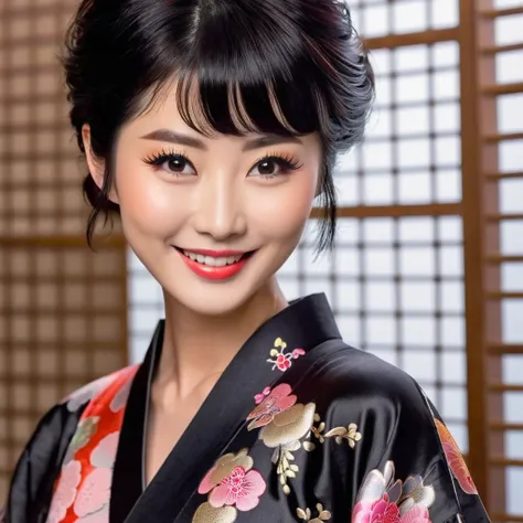 Shiny black shaggy short hairstyle、A beautiful face with a cute smile and a small face、G cup sexy body、Kimono with open chest