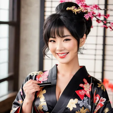 Shiny black shaggy short hairstyle、A beautiful face with a cute smile and a small face、G cup sexy body、Kimono with open chest