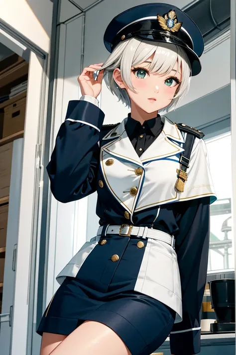 High resolution、Super detailed、masterpiece、woman、Beauty、slanted eyes、emerald green eyes、White-ish blue fur、Mash short hairstyle、white military uniform、Standing in the war room of a warship、Ocean、cool、cool、タイトでcool、short hair、Wearing a white military cap、co...