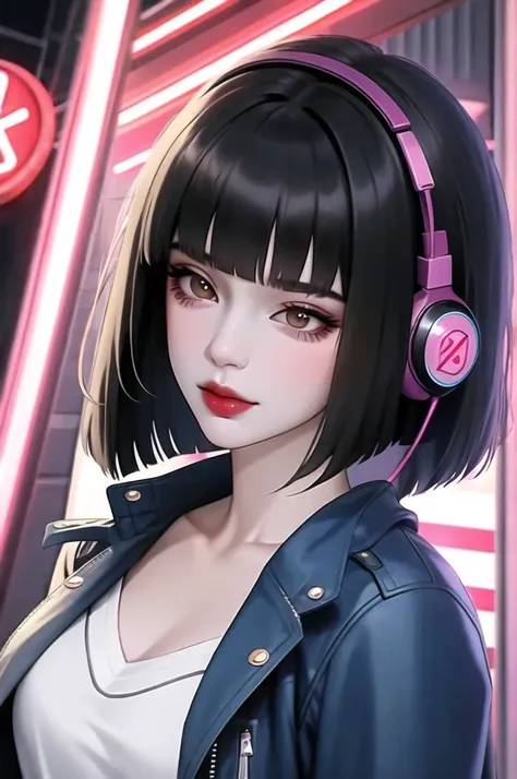 1girl, bangs, black hair, brown eyes, fashi-girl, bob cut, long hair, neckline, collarbone, open jacket, lock, cyberpunk, neon lights, big breasts, mature female, shiny skin, rain, water drop, badass, seductive,musume lock,ghost in shell,red lips,looking t...