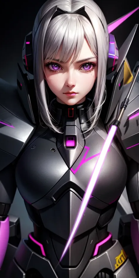 Realistic, girl one, gray hair, purple eyes, shining eyes, mecha suit, gundam, metallic, intricate details, detailed neon, parted lips,