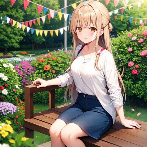 shiina mahiru, casual clothes, sitting on the swing, bokeh portrait, flower garden, blue sky, 4k, masterpiece