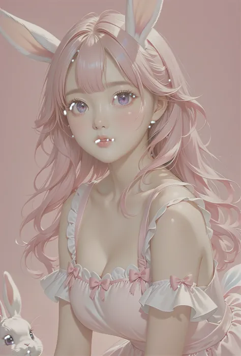 분홍색 wearing a dress 꽃밭에 앉아 있는 아라페 소녀, ultrarealistic sweet bunny girl,  wearing a dress, Exciting and cute aesthetics, Guweizu, artwork in the style of Guweizu, Jaeyeon Nam, fairy core, Best Face, bunny girl, Pink pastels, lovely and cute, Works inspired b...