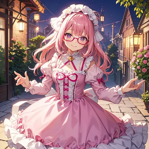 pink hair、glasses、Purple glowing eyes、pink lolita dress、Pink bonnet、daytime、outdoor、garden、smile at the camera、