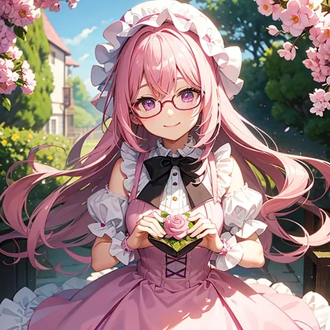 pink hair、glasses、Purple glowing eyes、pink lolita dress、Pink bonnet、daytime、outdoor、garden、smile at the camera、